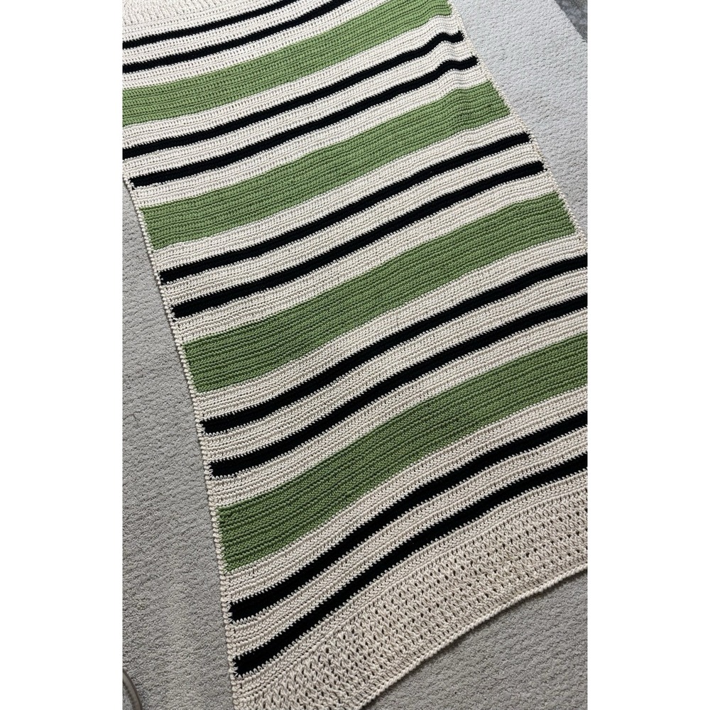 Handmade Crochet Striped Throw Blanket Sage Green Cream Black Afghan 64x32.5